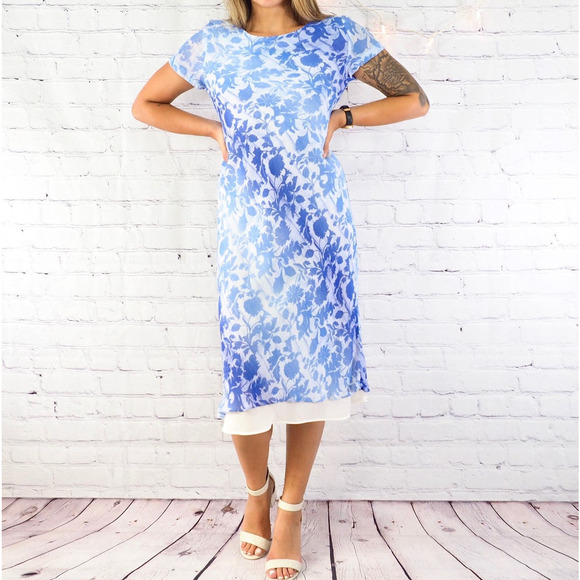 Y2K Floral Midi Dress Blue White Floral Short Sleeve Karin Stevens Size‎ Small - Picture 5 of 5